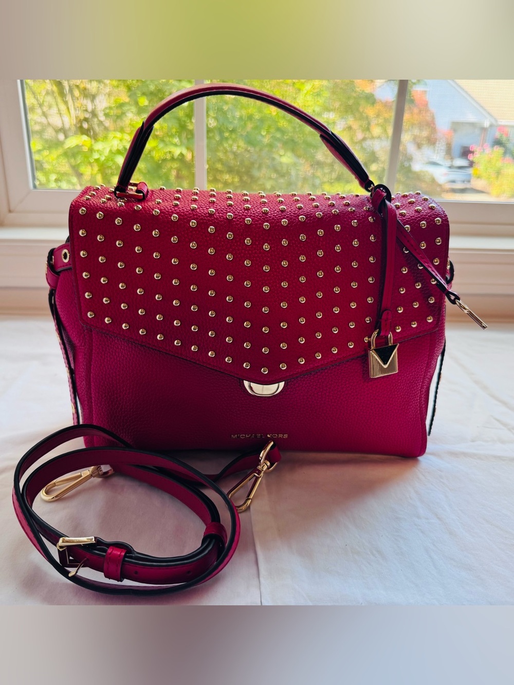 Michael Kors Bright Red Studded Leather Satchel with Gold Hardware